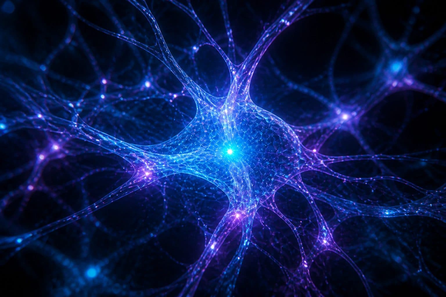 Close-up of cyan and violet AI filaments
